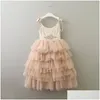 Girls Dresses Lace Princess Summer Kids Rhinestones Belt Suspender Tiere Tle Tutu Dresss Children Long Length Party Dress A00380 Drop Dh1Dw