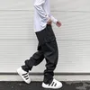 Men's Pants Street Wear Black Functional Tapered Cargo Trousers For Men Waterproof Pockets Pleated Zip Up Overalls Nylon Belt Clothes