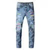 Mäns jeans högkvalitativa rippade hålblå män 2021 Hip Hop Desginer Color Patchwork Pants Streetwear Trousers230y