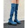 Boots New Denim Square Toe Height Increasing Over The Knee Woman Winter 2023 Side Zipper Platform Thick Sole Shoes Women 230914