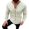 メンズカジュアルシャツソリッドカラーファッションシャツ長袖ブラウスメンズ衣類夏のトッププルオーバーカラーレス白い包帯2053