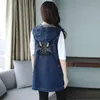 Damesvesten 2023 Borduren Denim Vest Vrouwen Lente Herfst Kleding Losse Lange Jeans Paard Clips Mode Capuchon