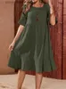 Basic Casual Dresses Women Clothing New Spring Summer Large Swing MIDI Skirt Solid Color Loose Casual Pleated Crew-neck Flared Short-sleeved Dress L230918