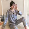 Kvinnors sömnkläder Ready Stock Plus Size M-5XL Pyjamas Suit Satin Långärmning Pajamas Baju Tidur Silk Sleepwear 2-Piece Set L230918