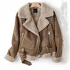 Winter Women's Leather Jacket Short Motorcycle Brown Coats Faux Shearling Sheepskin Jackets Outwear Winter Women Thick Warm Suede Lamb