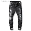 Men's Jeans Unique Men Painted Rips Jeans Stretch Black Fashion Designer Slim Fit Washed Motocycle Denim Pants Panelled Hip HopTrousers 1012 L230918