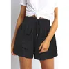 Shorts Pour Femmes D'été 2023 Mode Lâche Couleur Unie Mélange De Coton Poche Ceinture Élastique Cravate Décontracté Élégant Sexy