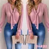 Fashion-Women Blouses Fashion Long Sleeve V-neck Pink Shirt Chiffon Office Blouse Slim Casual Tops Plus Size S-5XL286W