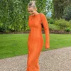 Summer Solid Long Sleeve Sexig Maxi Dress for Woman Robe Sexig Slim Fit Fashion Dress Round Neck Fashion Column Pleated Long Dresses Fashion Green Orange