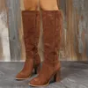 Stövlar 2023 Women Cowboy Heels Western Chunky Shoes Leather Knee High Long Elegant Designer Plus Size New Rock Pole Dance Brown 230922