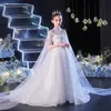 Shiny Princess Jewel Neck Sheer Long Sleeves Applique Birthday Dresses Pageant Lace Flower Girls Gowns White First Communion Dress 403