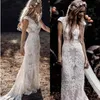 BohoLace Trumpet Mermaid Wedding Dresses For Maternity Women V Neck Cap Sleeves Country Bridal Gowns Sweep Train Slim Sexy Robes d277V