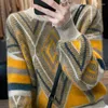 Pulls pour femmes Argyle motif pull rétro mode 2023 printemps automne pull col rond grand tricot laine haut femme