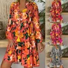 Robes décontractées été automne imprimé floral robe à volants vintage col en V évasé manches longues lâche boho plage femmes bouton robe