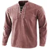 T-shirt da uomo T-shirt a maniche lunghe Primavera e autunno Colletto allacciato con lacci Top casual allentato tie-dye