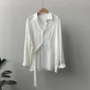 Kvinnors polos 2023 Spring Autumn Long Sleeve Shirt Löst snörning Tyg Drape Elegant Vintage Högkvalitativ bekväm