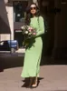 Casual Dresses Elegant Women Green Rib Sticked Long Sleeve Office Lady Bodycon Dress Autumn Winnter 2023 Ankellängd