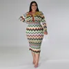 Casual Dresses Classic Colorful Striped Print Turn Collar Long Sleeve Sheath Midi For Women Party Night Club Elegant Robe Wholesale