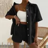 Women's Sleepwear Womem Pajamas 2 Piece Sets Casual Short Sleeve Lapel Shirt Tops And Mini Shorts Suits 2023 Summer Female Solid Homewear