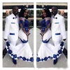 새로운 흰색 새틴 왕실 블루 레이스 Aso ebi 아프리카 드레스 긴 환상 소매 아플리케 형식 가운 대회 웨딩 드레스 282e