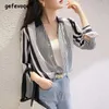 Women's Blouses Korean Style Chic Striped Print Office Lady Button Up Shirts 2023 Spring Casual Commute Long Sleeve Loose Tops For Women