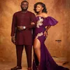 2021 Plus Taille Arabe Aso Ebi Violet Sirène Sexy Robes De Bal En Dentelle Haute Split Sheer Cou Soirée Formelle Deuxième Réception Go338I