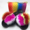 Slippers Fluffy Women Fur Slippers Set-Handbag Furry Real Fox Fur Slides Shoes Rainbow Colorful Jelly Shoulder Bag Candy Crossbody Purse x0916