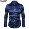 Männer Seide Satin Party Shirts Männlich Slim Fit Langarm Einfarbig Glänzend Nachtclub Hochzeit Hemd 10 Farben S-2XL Casual296E