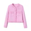 Women's Jackets Pink Fringe Fur Shoulder Pad Tweed Jacket Blazer Boucle Crop Coat for Women Spring 230915