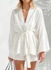 Mulheres sleepwear hiloc branco algodão lanterna manga longa pijama faixas nightwear 2 peça define ternos soltos com shorts feminino 2023 outono