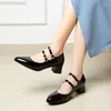 Sapatos de vestido plus size apontou saltos grossos brilhantes couro de patente raso mary jane sexy trabalho verão profissional