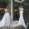 Dubaï arabe luxe hors épaule sirène robes de mariée avec train détachable manches longues dentelle appliques robe de mariée perlée Bri220Q