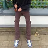 Mäns jeans tillbaka fotleds blixtlås skarvade raka flare byxor herr high street tvättade retro lös casual hip hop denim byxor218b