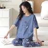 Indumenti da notte da donna Big 5XL Pigiama Set a maniche corte Cartoon Bear lavorato a maglia scozzese di cotone Sleepwear Elegante pigiama da donna Lounge Home Pijama Mujer L230919