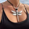 Colares Pingente Estilo Étnico Cor Prata Grande Libélula Colar Para Mulheres Meninas Vintage Tribal Jóias Acessórios De Corda Encerada