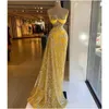 Abiti da festa Abito da ballo giallo sexy senza maniche scollo a V senza spalline applicazioni paillettes pizzo perline Celebrity Plus Size sera su misura