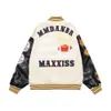 Fashion Brand High Street Double Arm Flocking Letter PU Leather Splice Baseball Jersey Unisex Street Motorcycle Jacket Coat