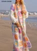 Женские вязаные футболки в стиле бохо, цветной плед с цветком, вязаный вручную крючком кардиган, винтажный женский длинный свитер с круглым вырезом и открытой строчкой, трикотаж, джемпер 230919