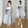 Maternity Dresses Plus Size Puff Sleeve Square Collar Maternity Floral Dress With Bowknot High Waist Sweet Pregnant Woman Dress