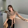 Kobiet Sweters Knit Sweter Kobiety Fash Fashion Bandage Bandage Knited V-Neck Szczupły eleganckie długie rękawie Krótki top swoboda streetwear