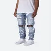 Mode-människor tryckt tvättade hål jeans sommar mode mager ljusblå blekt blyertsbyxor hiphop street jeans233k