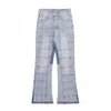 New Designer High street trendy brand patchwork plaid design vibe style micro horn rough edge casual jeans