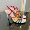 Sandales de style entrelacées avec embellissements en cristal, talons épais, bout ouvert, créateurs de luxe pour femmes, combinaison en cuir à bande étroite, chaussures de soirée