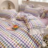 Bedding sets Ruffles Purple Plaid Color Double Bed Linens Quilt Duvet Cover Pillowcase Queen Size Flat Sheet Grid for Girl Boy Prince 230919