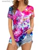 Blusas femininas camisetas femininas tie dye camisa estilo boêmio estampa floral feminina manga curta gola v solta camiseta feminina tops de verão roupas. L230919