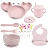 Tazas Platos Utensilios 6 unids Set Baby Silicone Sucker Drinkware Placa Vajilla Niños Tazón Cuchara Tenedor Bib Alimentación Set para cosas infantiles Accesorios 230918