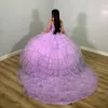 اللافندر مثير قبالة الكتف فساتين Quinceanera كرات كرات الزهور حبات الكريستال tuler tull sweet 16 فساتين حفلة عيد ميلاد حفلة