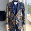 Ternos masculinos Blazers Floral Jacquard Smoking Ternos para Homens Casamento Slim Fit Azul Marinho e Jaqueta Cavalheiro Dourada com Colete Calça 3 Peça Traje Masculino 230919