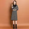 Vacation Party Plaid Knitted jumper Dresses Autumn Winter Long Sleeve Office Lady Soft Warm Sweaters Dress 2023 Women Designer O-Neck Slim Fit Stylish Midi Frocks