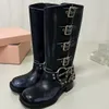 Designer Knight Boots Metal Buckle Fashion New Block Heel Platform Brown Black Women Knee Boots